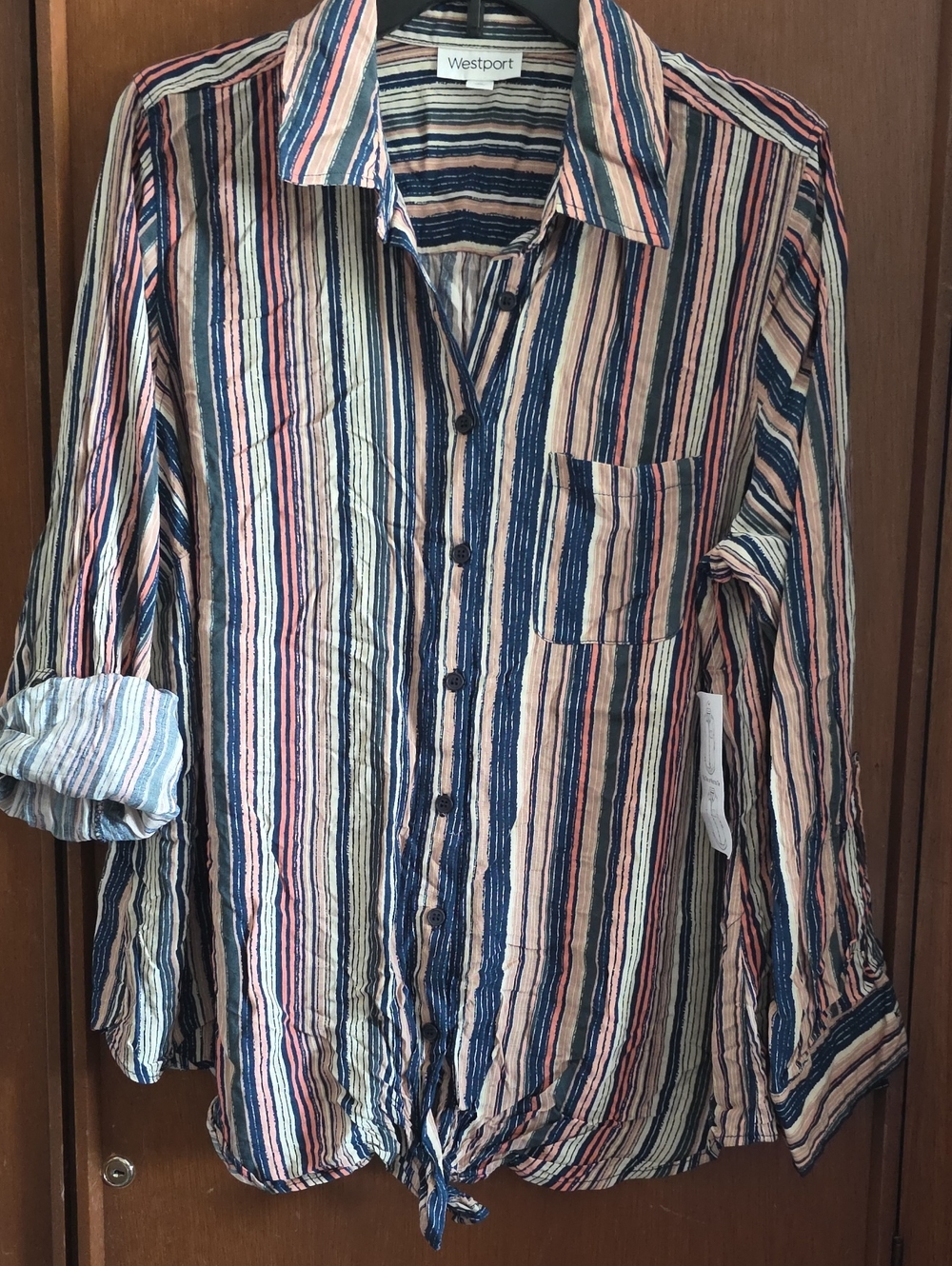 Westport Striped Button-Front Shirt in Navy, Pink & Cream Sz 1x